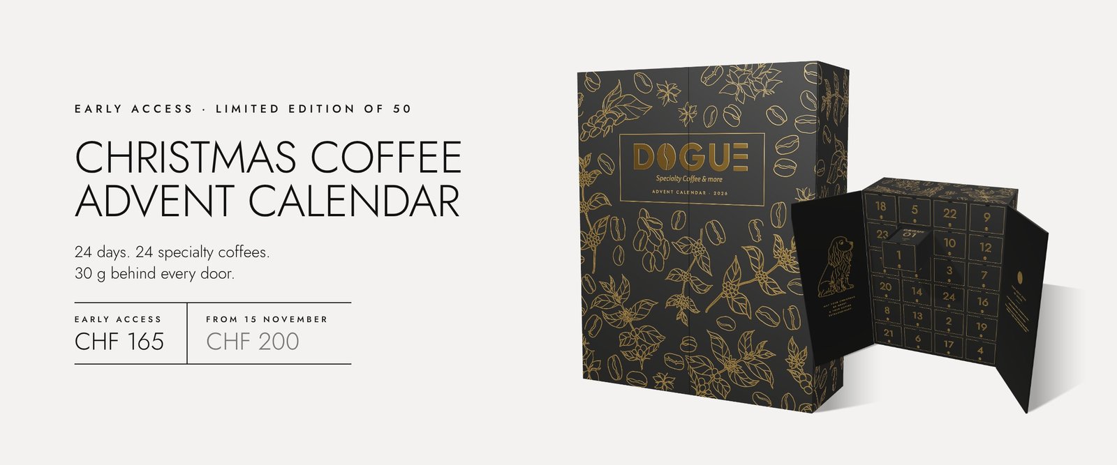 DOGUE Christmas Coffee Advent Calendar: a matte black box with gold coffee-plant foil, shown closed and open with 24 numbered drawers